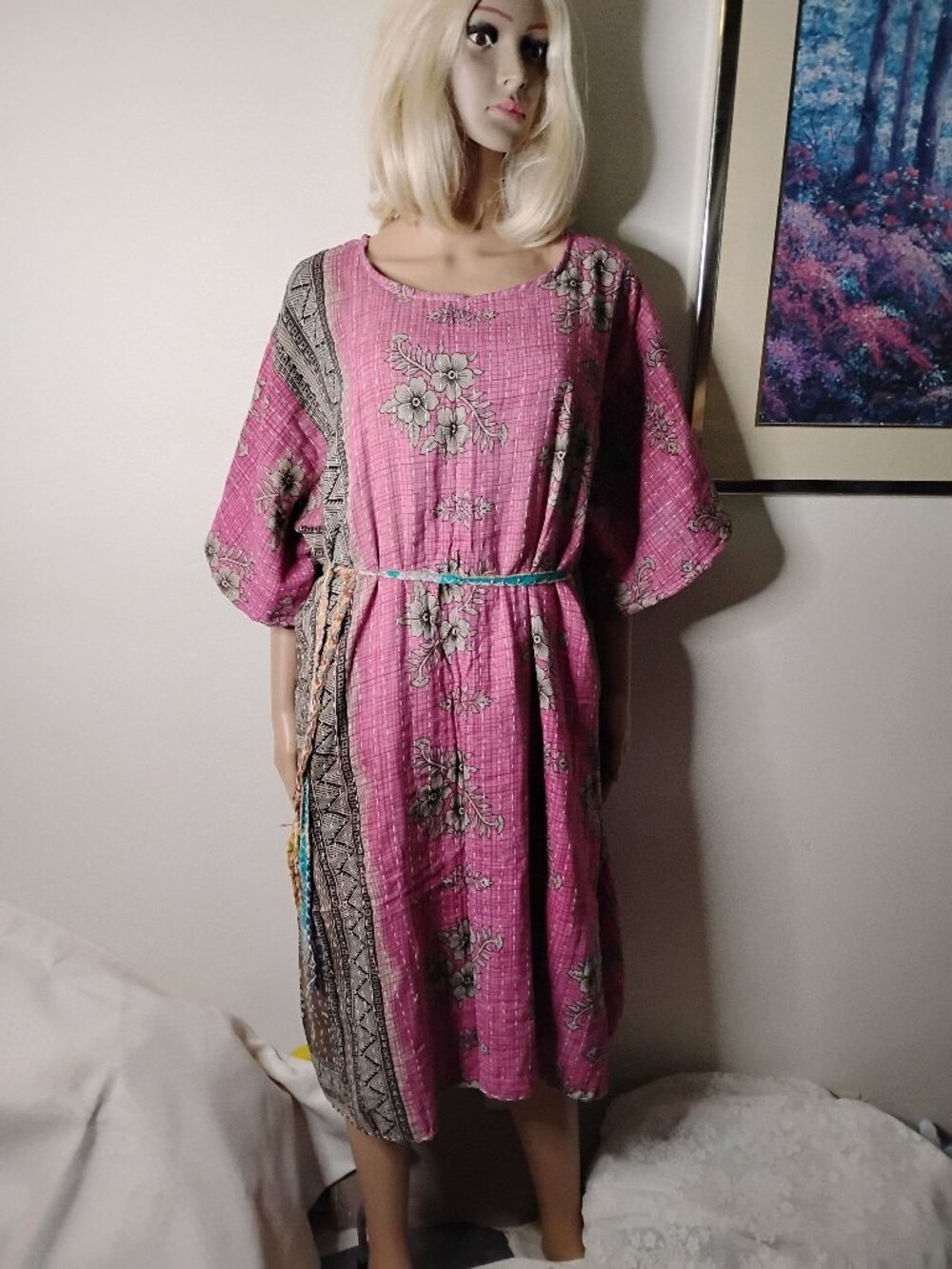 Kantha Dress Pink Brown/Green 1X & Under Reversible Comfy Cotton Handmade KD2.